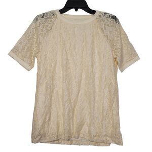 Women's Ivory Floral Lace Short-Sleeve Top With Inner Lining - Elegant Small